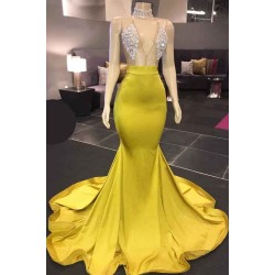 Chic Yellow Sleeveless Crystals Sheer Tulle Prom Dresses New Arrival Mermaid Formal Evening Gowns