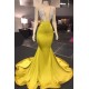 Chic Yellow Sleeveless Crystals Sheer Tulle Prom Dresses New Arrival Mermaid Formal Evening Gowns