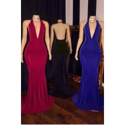 Simple V-neck Halter Brush Train Mermaid Evening Dresses