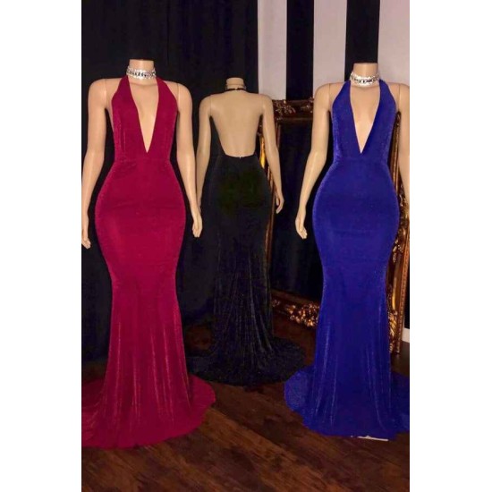 Simple V-neck Halter Brush Train Mermaid Evening Dresses