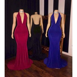 Simple V-neck Halter Brush Train Mermaid Evening Dresses