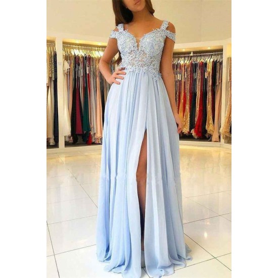 Elegant Off-the-shoulder Low Back Prom dresses with Chic High Split Ligh Sky blue Evening Gowns with Lace appliques