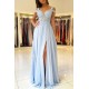 Elegant Off-the-shoulder Low Back Prom dresses with Chic High Split Ligh Sky blue Evening Gowns with Lace appliques