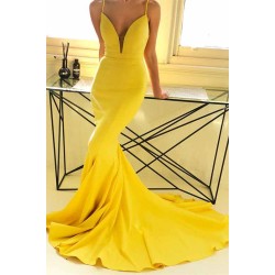 Ginger Yellow Deep V-neck Prom Party Gowns with Chapel Train Chic Simple Body-fitting Evening Dress for Sale
