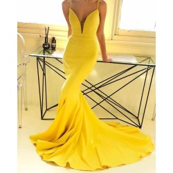Ginger Yellow Deep V-neck Prom Party Gowns with Chapel Train Chic Simple Body-fitting Evening Dress for Sale
