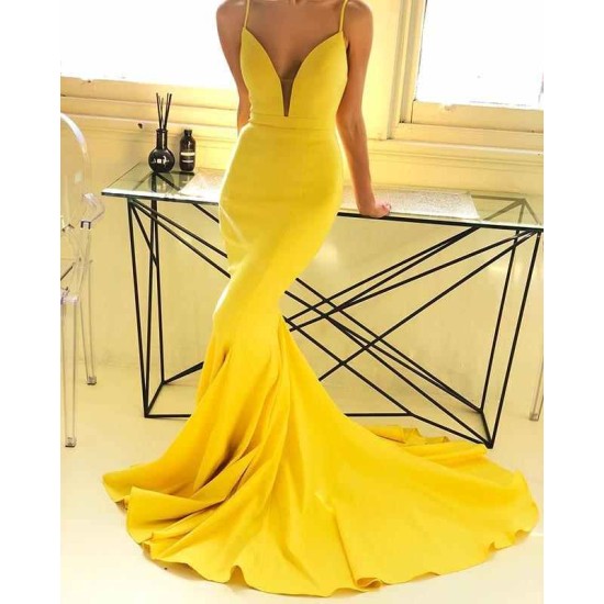 Ginger Yellow Deep V-neck Prom Party Gowns with Chapel Train Chic Simple Body-fitting Evening Dress for Sale