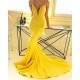 Ginger Yellow Deep V-neck Prom Party Gowns with Chapel Train Chic Simple Body-fitting Evening Dress for Sale