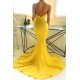 Ginger Yellow Deep V-neck Prom Party Gowns with Chapel Train Chic Simple Body-fitting Evening Dress for Sale