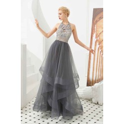 Floral Halter Evening Dress with Sparkle Beads Trendy Gray Mother of the bride Dress with watermelon and blue decorations