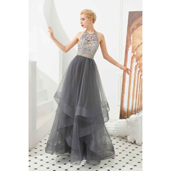 Floral Halter Evening Dress with Sparkle Beads Trendy Gray Mother of the bride Dress with watermelon and blue decorations