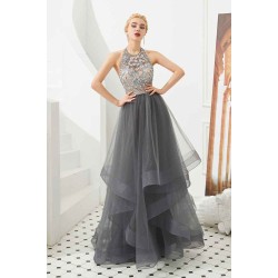 Floral Halter Evening Dress with Sparkle Beads Trendy Gray Mother of the bride Dress with watermelon and blue decorations