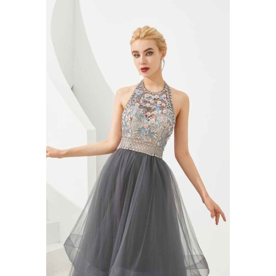 Floral Halter Evening Dress with Sparkle Beads Trendy Gray Mother of the bride Dress with watermelon and blue decorations