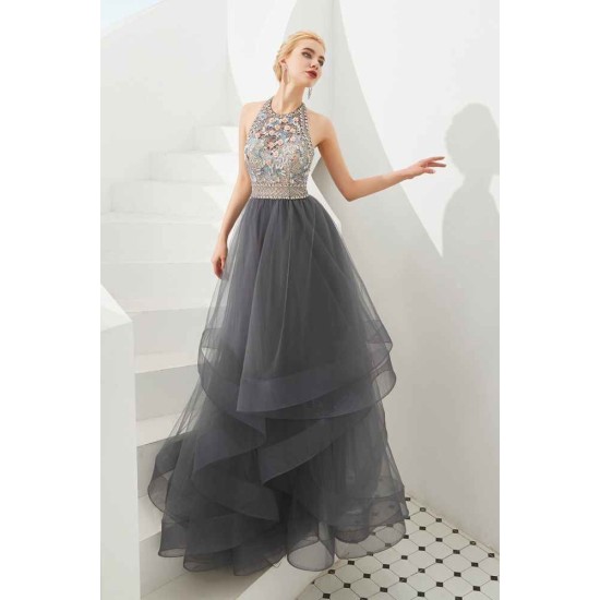 Floral Halter Evening Dress with Sparkle Beads Trendy Gray Mother of the bride Dress with watermelon and blue decorations