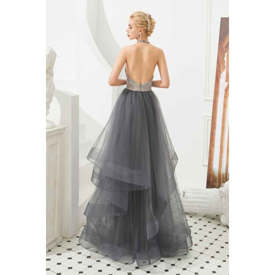 Floral Halter Evening Dress with Sparkle Beads Trendy Gray Mother of the bride Dress with watermelon and blue decorations