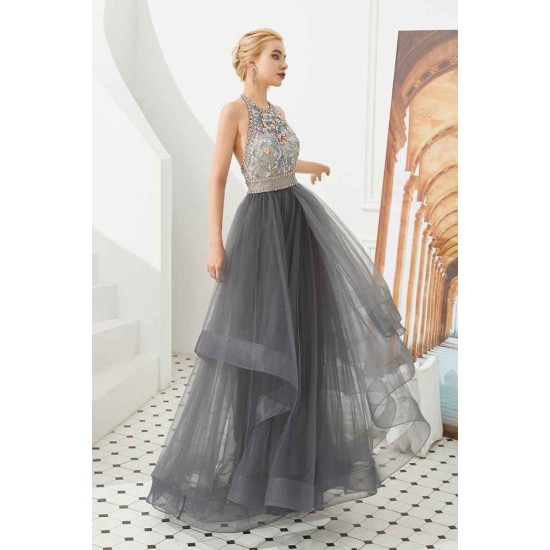 Floral Halter Evening Dress with Sparkle Beads Trendy Gray Mother of the bride Dress with watermelon and blue decorations