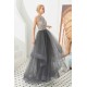 Floral Halter Evening Dress with Sparkle Beads Trendy Gray Mother of the bride Dress with watermelon and blue decorations