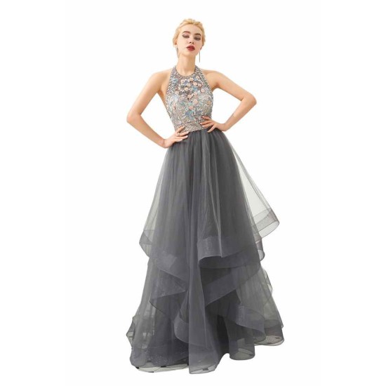 Floral Halter Evening Dress with Sparkle Beads Trendy Gray Mother of the bride Dress with watermelon and blue decorations