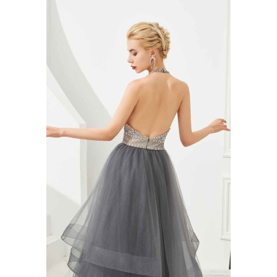 Floral Halter Evening Dress with Sparkle Beads Trendy Gray Mother of the bride Dress with watermelon and blue decorations