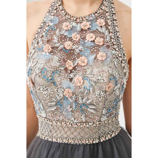 Floral Halter Evening Dress with Sparkle Beads Trendy Gray Mother of the bride Dress with watermelon and blue decorations