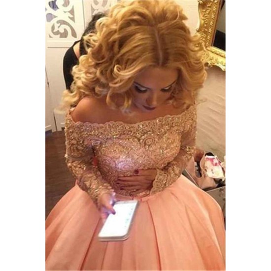 Off-the-Shoulder Long Sleeves Evening Dresses Lace Puffy Skirt Prom Dresses On Sale