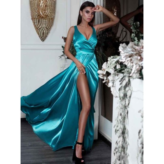Turquoise Silk Satin Chic Evening Dress V-neck Split Sleeceless Formal Dress