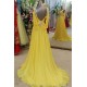 Affordable Yellow Spaghetti Strap Open Back Prom Dresses Sleeveless Applique Evening Dresses with Beads