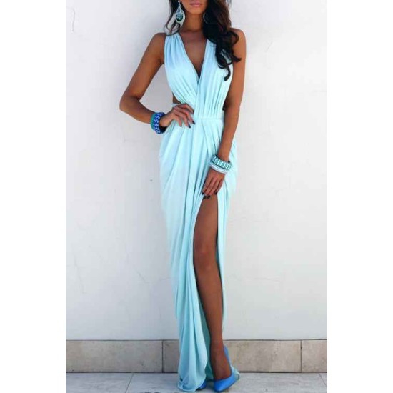 Light Blue Prom Dresses V-neck Ruffles Sleeveless Chic Side Slit Sloor Length Beach Evening Gowns