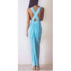 Light Blue Prom Dresses V-neck Ruffles Sleeveless Chic Side Slit Sloor Length Beach Evening Gowns