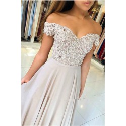 Off-the-Shoulder Lace Prom Dresses On Sale Sheer Tulle Chiffon Long Formal Evening Gowns with Buttons