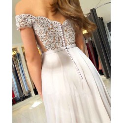 Off-the-Shoulder Lace Prom Dresses On Sale Sheer Tulle Chiffon Long Formal Evening Gowns with Buttons