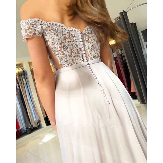 Off-the-Shoulder Lace Prom Dresses On Sale Sheer Tulle Chiffon Long Formal Evening Gowns with Buttons