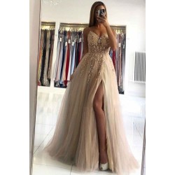 Glamorous V-neck Spaghetti-Straps Tulle Prom Dress Beadings Long Evening Gowns