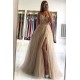 Glamorous V-neck Spaghetti-Straps Tulle Prom Dress Beadings Long Evening Gowns