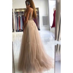 Glamorous V-neck Spaghetti-Straps Tulle Prom Dress Beadings Long Evening Gowns