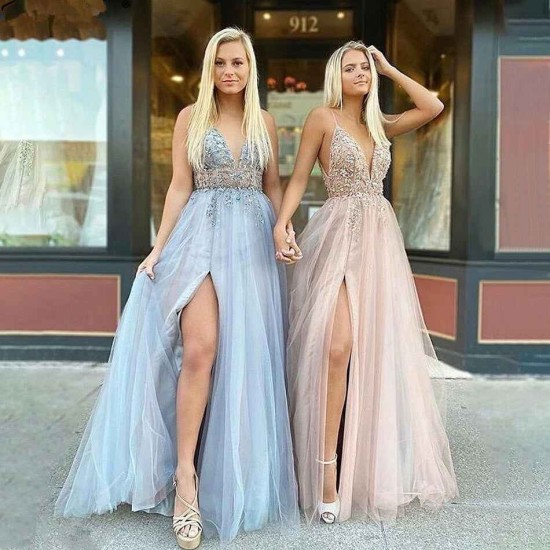 Glamorous V-neck Spaghetti-Straps Tulle Prom Dress Beadings Long Evening Gowns