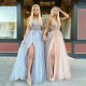 Glamorous V-neck Spaghetti-Straps Tulle Prom Dress Beadings Long Evening Gowns