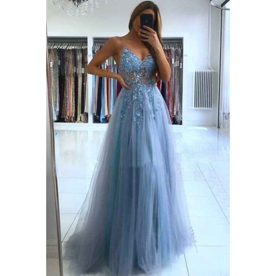 Glamorous V-neck Spaghetti-Straps Tulle Prom Dress Beadings Long Evening Gowns