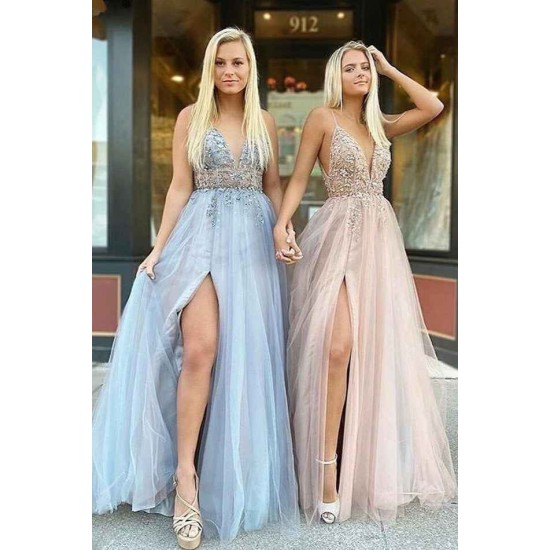 Glamorous V-neck Spaghetti-Straps Tulle Prom Dress Beadings Long Evening Gowns
