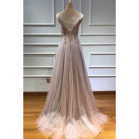 Glamorous V-neck Spaghetti-Straps Tulle Prom Dress Beadings Long Evening Gowns