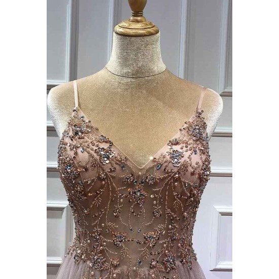 Glamorous V-neck Spaghetti-Straps Tulle Prom Dress Beadings Long Evening Gowns