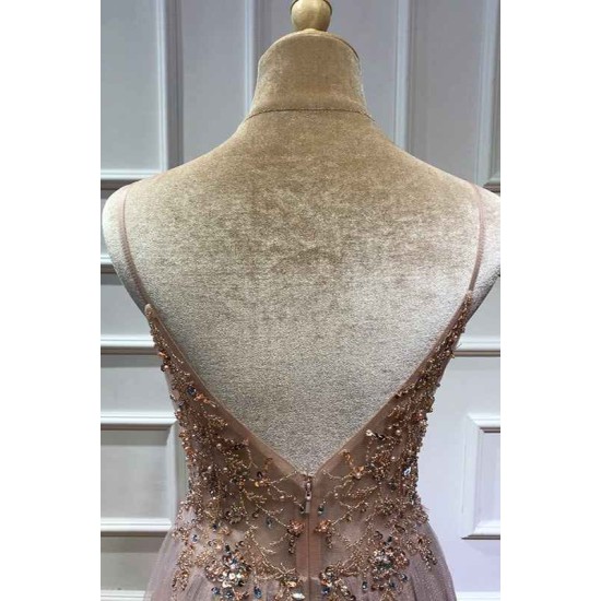 Glamorous V-neck Spaghetti-Straps Tulle Prom Dress Beadings Long Evening Gowns