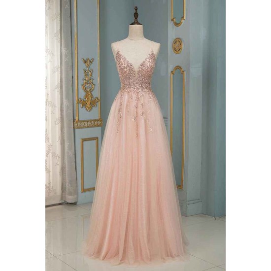 Glamorous Sequins V-Neck Long Evening Prom Dress Floor Length
