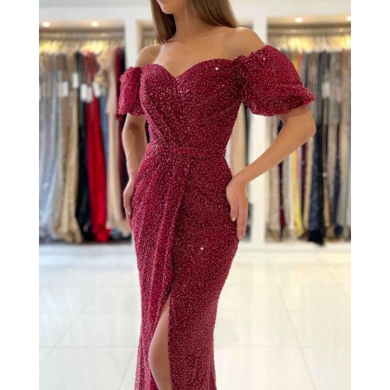 Off-the-Shoulder Bubble Sleeves Burgundy Prom Dress Sequins Slit Evening Gowns