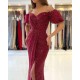 Off-the-Shoulder Bubble Sleeves Burgundy Prom Dress Sequins Slit Evening Gowns