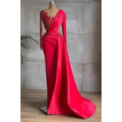 Gorgeous Red Long Sleeve Mermaid Evening Dress Lace Appliques Prom Gown Ruffles