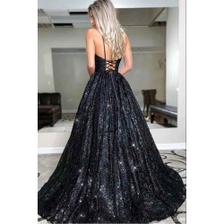Glamorous Spaghetti-Straps Black Sequins Long Evening Prom Dress