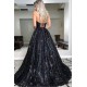 Glamorous Spaghetti-Straps Black Sequins Long Evening Prom Dress