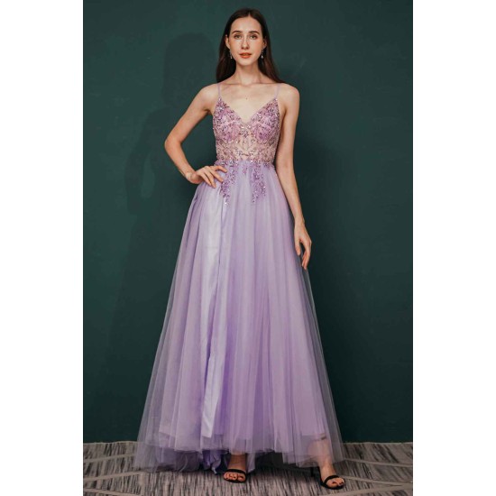 Sparkle Lilac Tulle High-split Spaghetti Strap Prom Dress