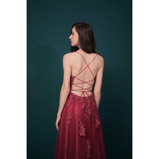 Burgundy Spaghetti Strap Lace Appliques High split Prom Dress