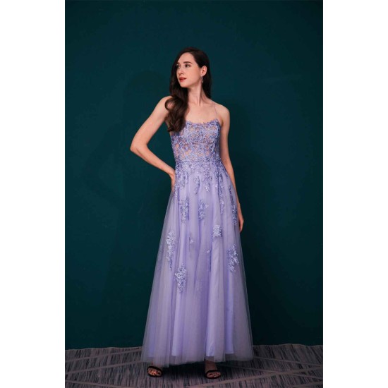 Burgundy Spaghetti Strap Lace Appliques High split Prom Dress